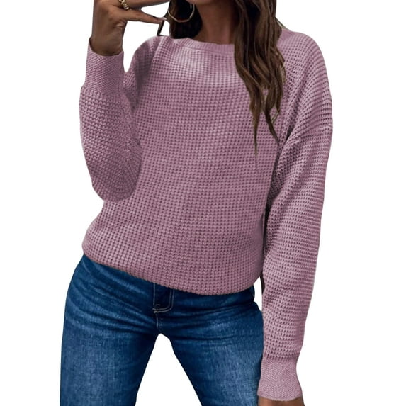 Grianlook Ladies Baggy Waffle Knit Sweater Long Sleeve Solid Color Pullover Work Crew Neck Jumper Tops Pink L