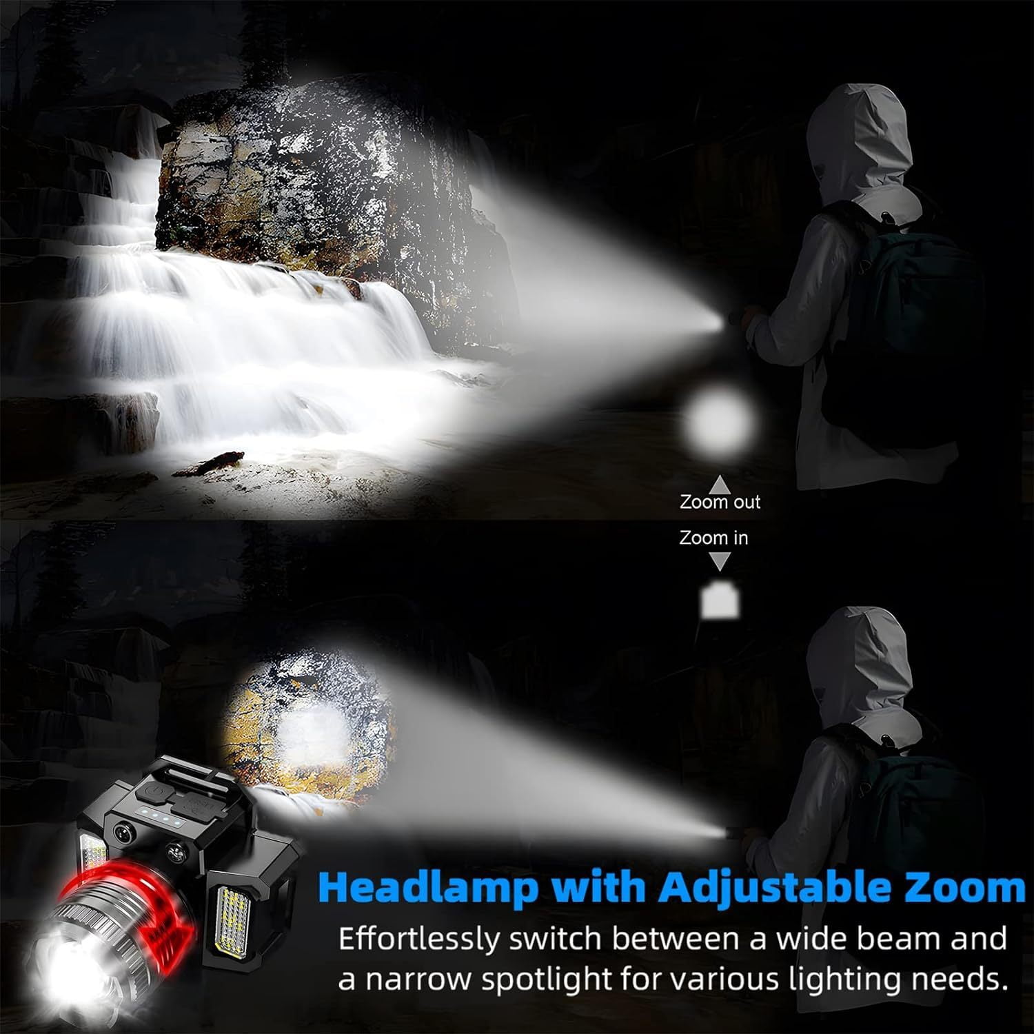2-Pack Motion Sensor Headlamps, USB Rechargeable LED Headlight with Zoomable Beam, COB Side Light & Power Bank Function, 5 Modes Waterproof Head Torch for Camping, Hiking, Running
