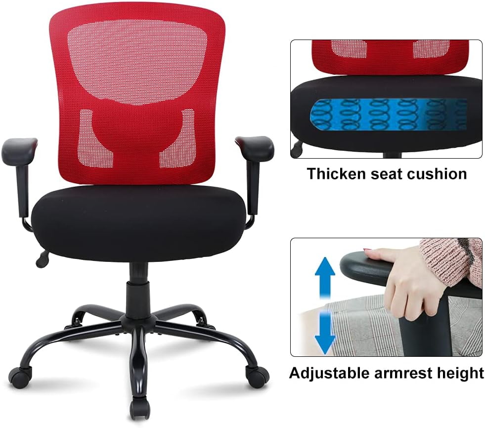 Big and Tall Office Chair Extra Wide Office Chairs Heavy Duty 400LBS Computer Desk Chair with Lumbar Support Ergonomic High Back Task Rolling Swivel Mesh Chair for adult,Red