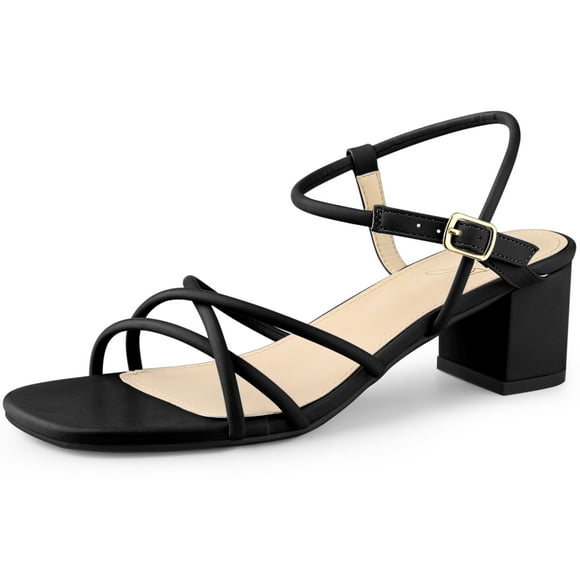 BLISSFUL STEP Square Toe Heels Slingback Strappy Chunky Heel Sandals for Women Black 6 M US