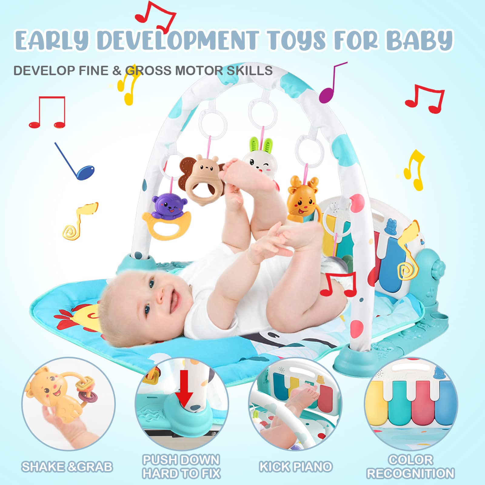 3 in 1 Baby Activity Play Mat Infant Play Gym Kids Musical Play Crawling Mat with Hanging Toys and Lights Best Gift for Baby Boy and Girl, Blue - image 3 of 10