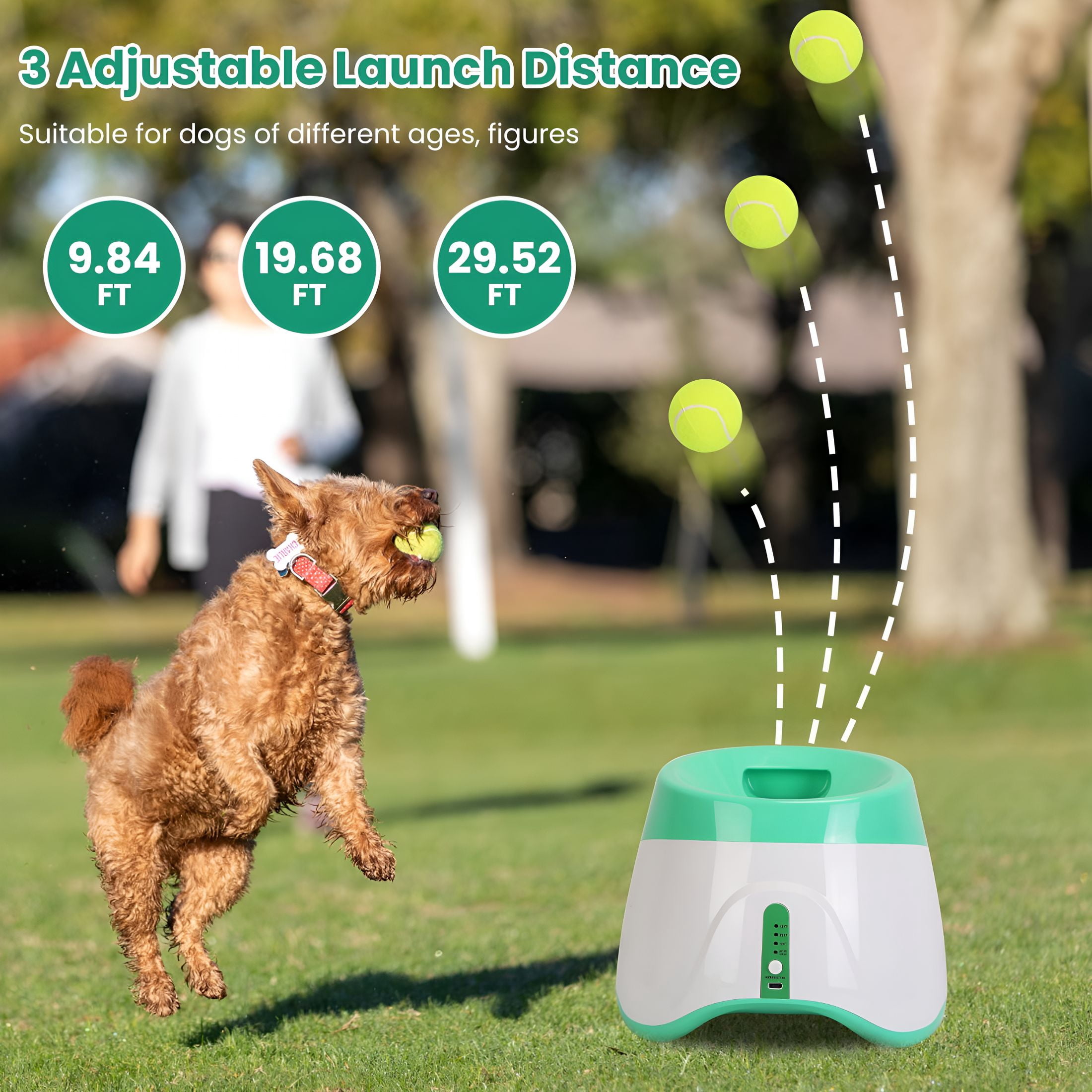 BESTSKY Automatic Dog Ball Launcher, interactive dog toys 3 Adjustable Distances Interactive Dog Ball Thrower Fetch Machine with 6 Tennis Balls
