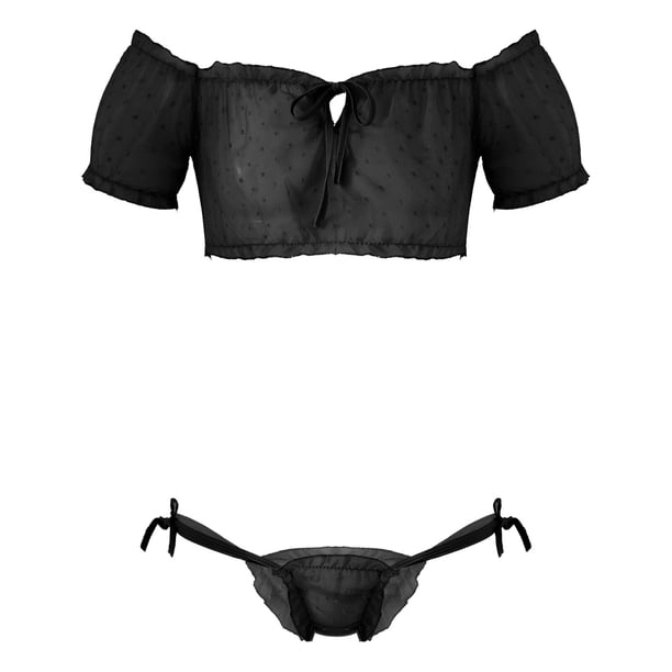 Men Male Chiffon Lingerie Exotic Sets Sissy Nightwear Sheer Mesh Off Shoulder Ruffled Crop Tops with Briefs Thongs ClubwearXL Gong Bohan LED