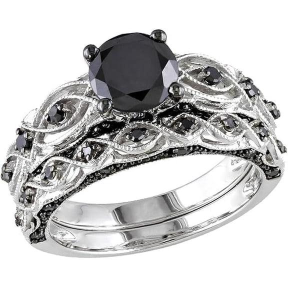Divine_creation 2.30 Ctw Round Cut Black Diamond Engagment Wedding Halo Bridal Ring Set 14K Black Gold Plated 925 Sterling Silver For Women's - 4.5
