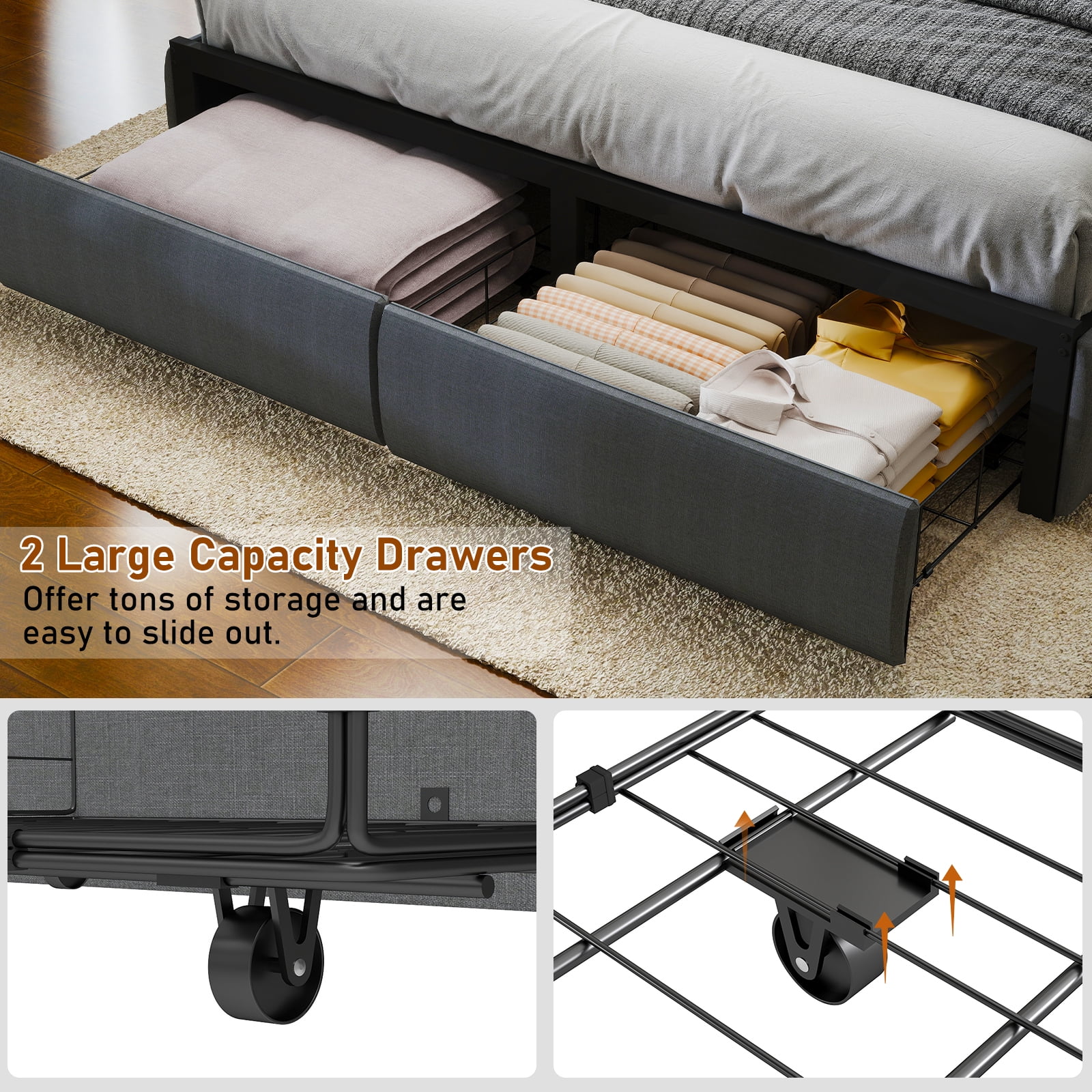 DRNANLIT Full Size Bed Frame with 2 Drawers & 2-Tier Storage Shelf Upholstered Bed Frame with Headboard & Storage & LED Lights & Charge Station, Gray