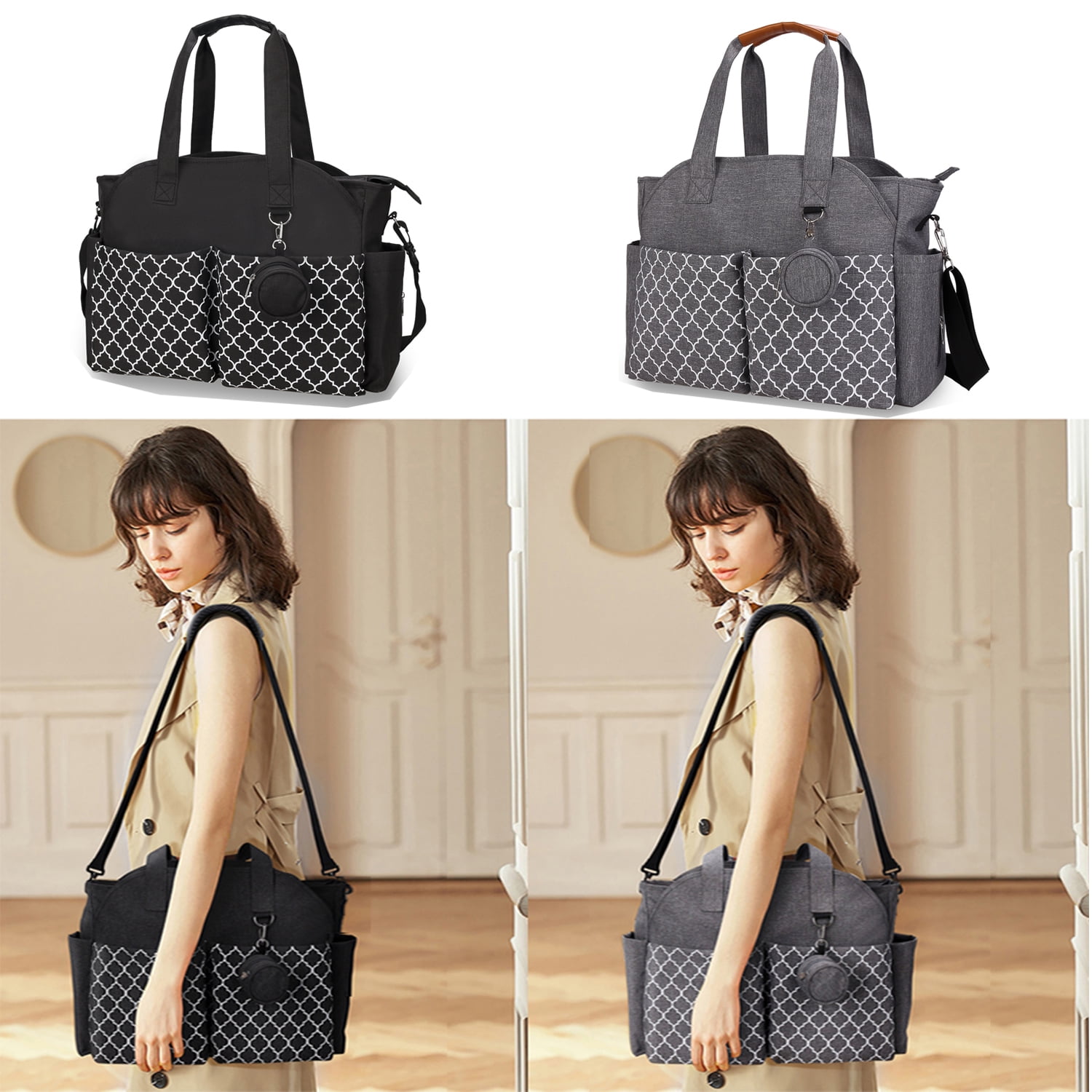 Diaper Bag Tote with Pacifier Holder Travel Diaper Bag with Adjustable Shoulder Strap and Insulated Pockets, Gray