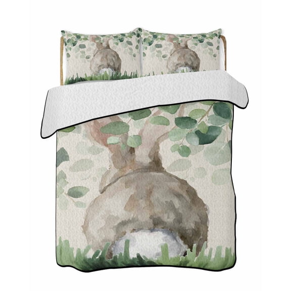 Quilt King Size Bedding Set, Easter Reversible Summer Quilt 3 Pieces, Country Spring Rabbit Botanical Eucalyptus Leaves Lightweight Bedspreads Coverlets with 2 Pillow Shams for All Seasons