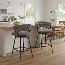 28" Counter Height Set of 2 Grey Linen Swivel Bar Stools with Woven Back and Footrest & Black Legs