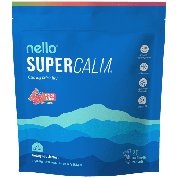 Nello Supercalm Drink Mix - Ashwagandha KSM 66, Magnesium Glycinate & L-Theanine Supplement - Ashwagandha Root Extract - Focus and Relaxation Support (20 Travel Packets) - Melon Berry