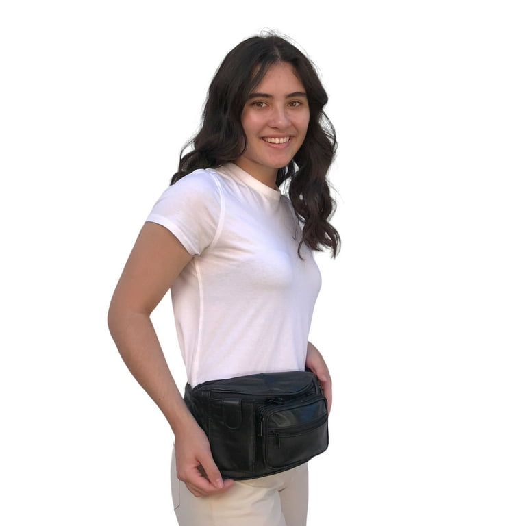  Genuine Leather Fanny Pack Purse 7-Zipper-Pouches Waist Bag  with Adjustable Belt Black Soft Lambskin