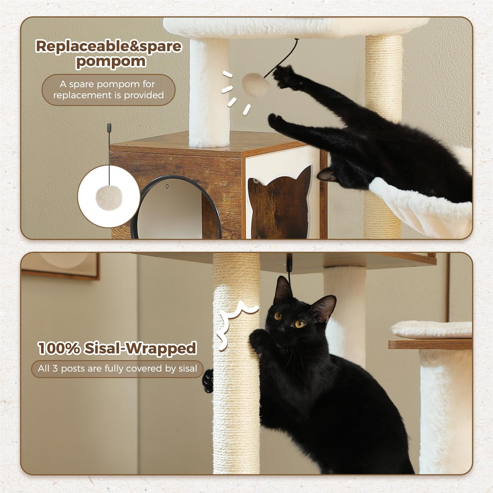Tall Cat Tree with Litter Box Cabinet, 57.5 Inch Wooden Cat Tower for Large Cats, Multi-Level Scratching Posts, Hammock Bed, Perch & Enclosed Condo, Wood Walnut