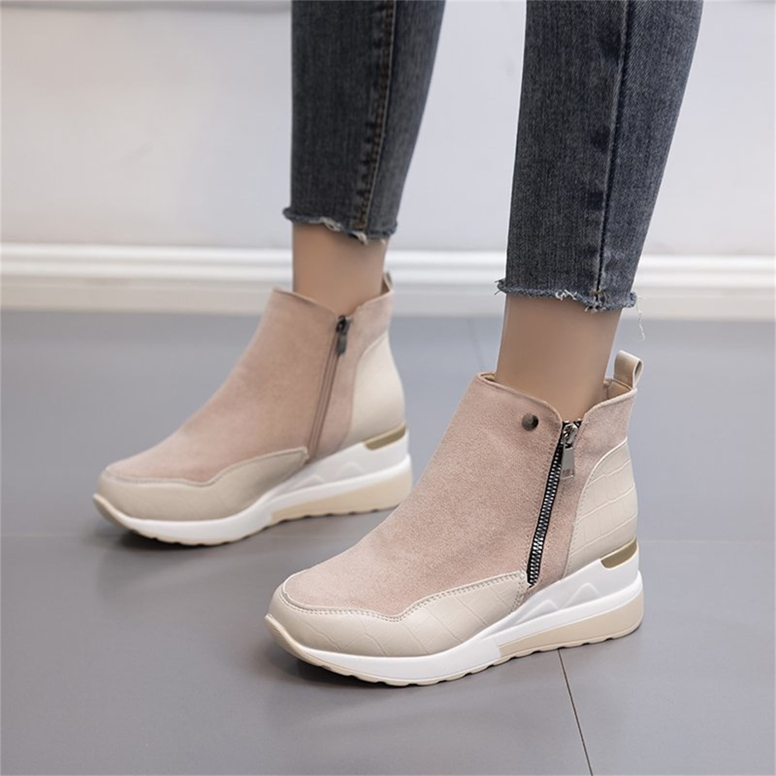Ladies Platform High Heel Wedge Side Zip Ankle Boots Faux Suede Party Shoes Uk