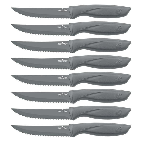 8 Piece Kitchen Knife Set - Multi-purpose Unbreakable Ergonomic Non-stick Stainless Steel Kitchen Steak Knives Set with Fully Serrated Blades - Great for BBQ Grill - NutriChef NCSK8GY (Gray)