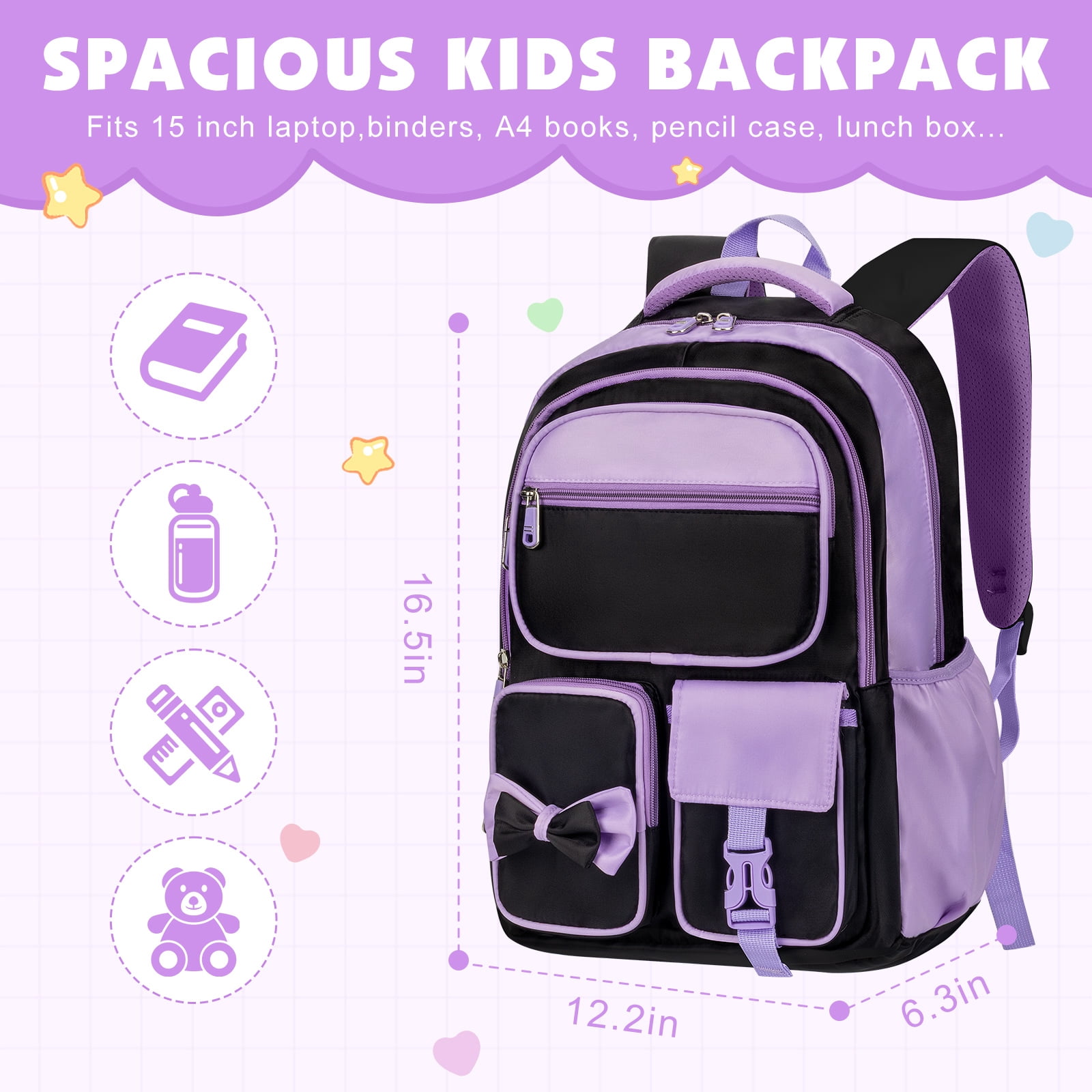 DAKIMOE School Backpack for Teens Cute Girlish Middle High School Bookbag Large Capacity Lightweight Waterproof Daypack for College Students, Black and Purple
