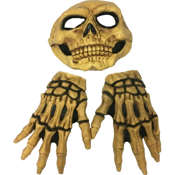Ghoulish Productions Adult's Yellow Skeleton Skull 1/2 Mask And Hands Costume Accessory Set