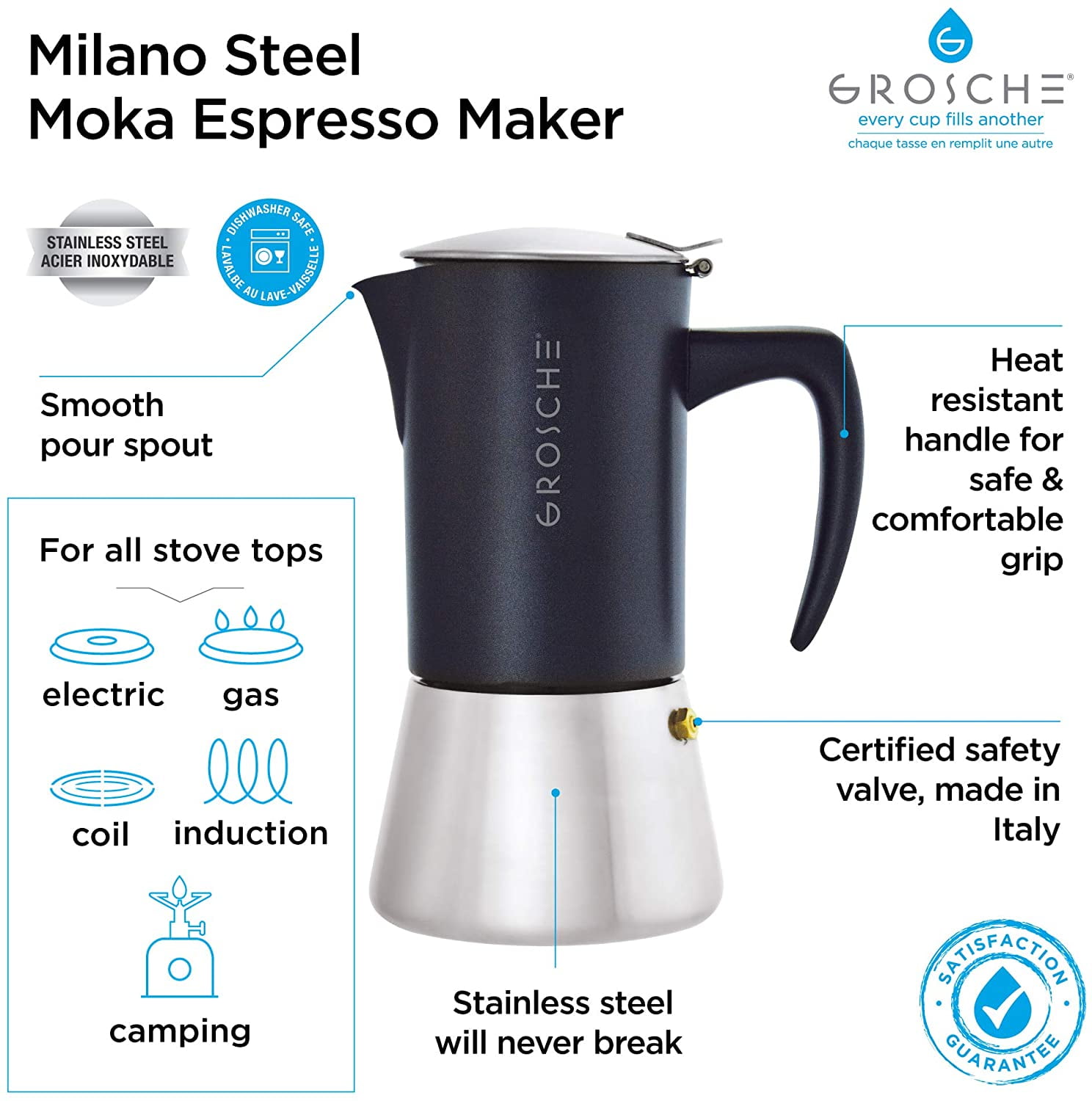 GROSCHE MILANO 6-Cup Stovetop Espresso Maker - Black – Domaci