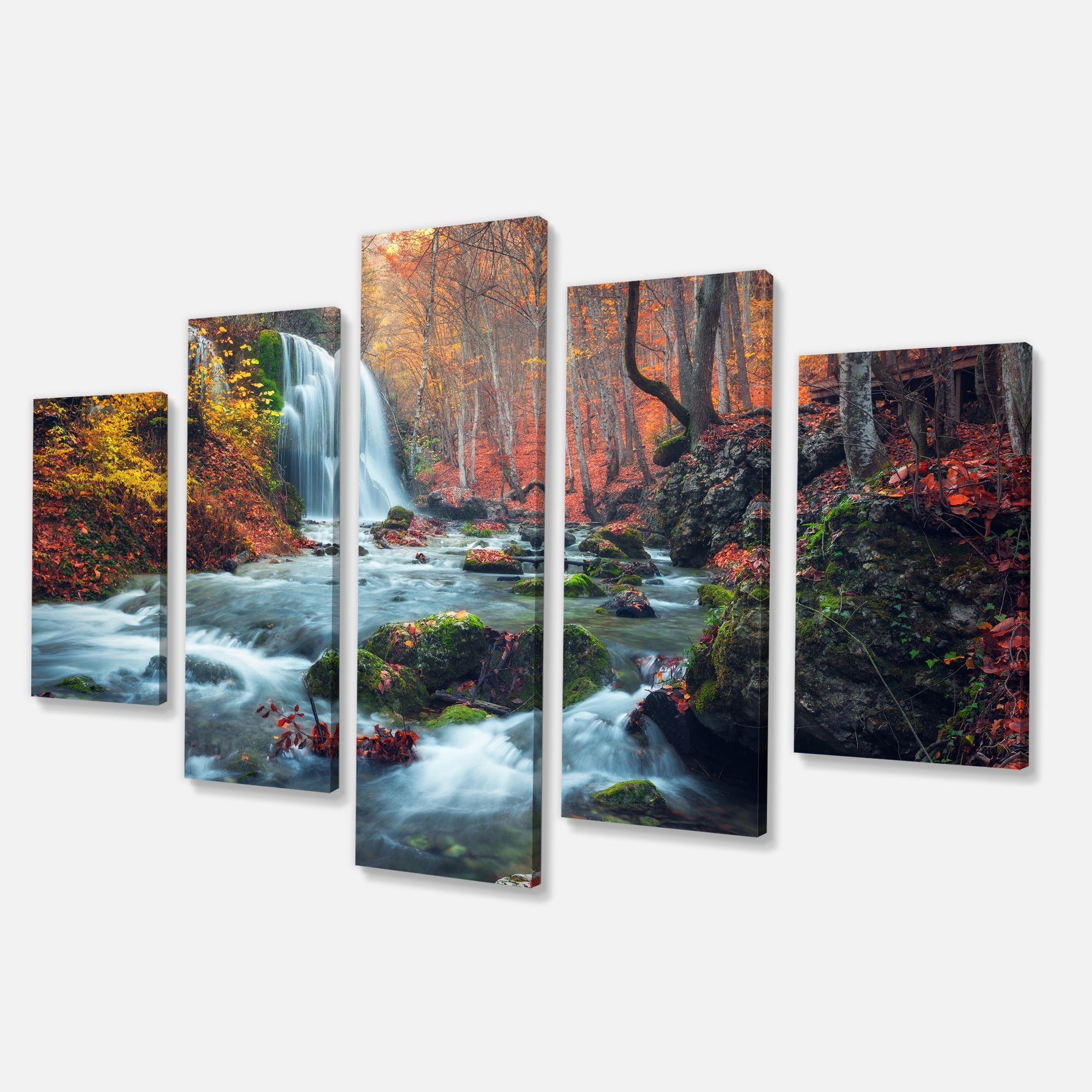 Designart 'Autumn Mountain Waterfall Long View ' Landscape Photography Canvas Print