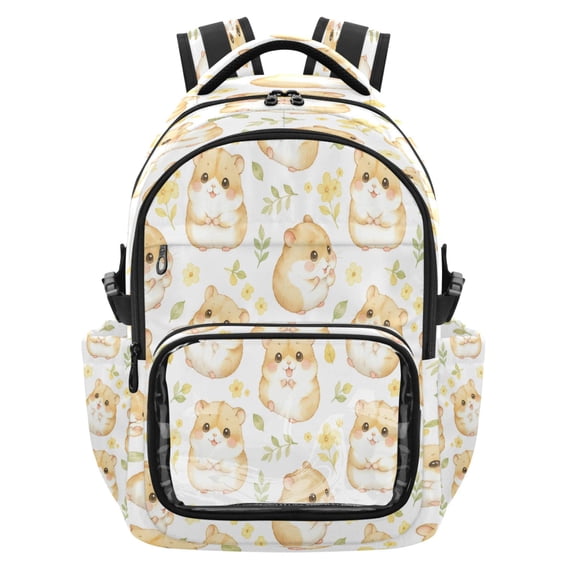 Qxltty Cute Hamster Backpack School Bookbag with Clear PVC Front Pocket, Laptop Compartment, Water Resistant Travel Daypack for Students