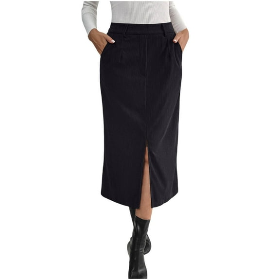 Stamzod Corduroy Skirts for Women Solid Color Split Work Dresses Fall Winter Elegant Pleated Skirts for Women Black S