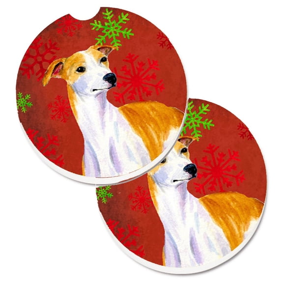 Whippet Red and Green Snowflakes Holiday Christmas Set of 2 Cup Holder Car Coasters