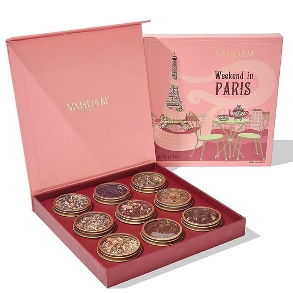 VAHDAM, Weekend in Paris Tea Gift Set (9 Teas, 100g/3.53oz, 50  Cups), 9 Premium Loose Leaf Teas, Gluten Free, Non GMO