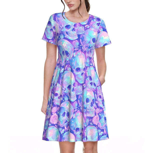Fotbe Blue Skull Daisy Vestido Largo de Moda para Mujer, Vestido Tipo Camiseta con Manga Corta y Estilo Casual a Rayas y Bloques de Color