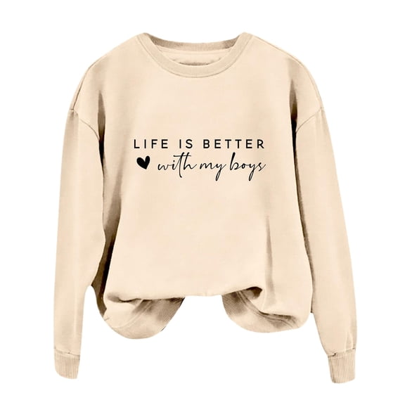 UJNDER Women's Funny Mom Life Print Crewneck Sweatshirt Long Sleeve Pullover Beige M