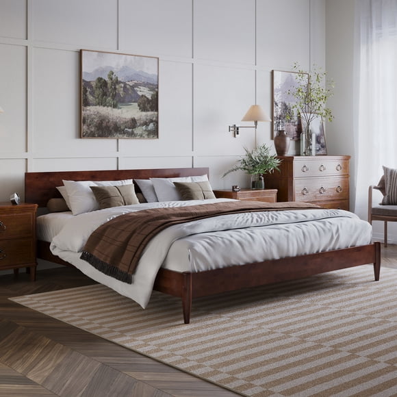 Aria King Solid Wood Modern Low Profile Platform Bed in Walnut