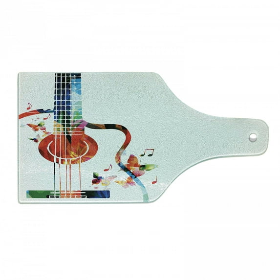 Guitar Cutting Board, Colorful Polygonal Musical Instrument Strings Butterflies Nature Themed Elements, Tempered Glass Cutting and Serving Board, Wine Bottle Shape, Multicolor, by Ambesonne