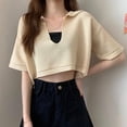 thumbnail image 4 of Women's Casual V Neck Short Sleeve Soild Basic Knitted Crop Top T-Shirt, 4 of 5