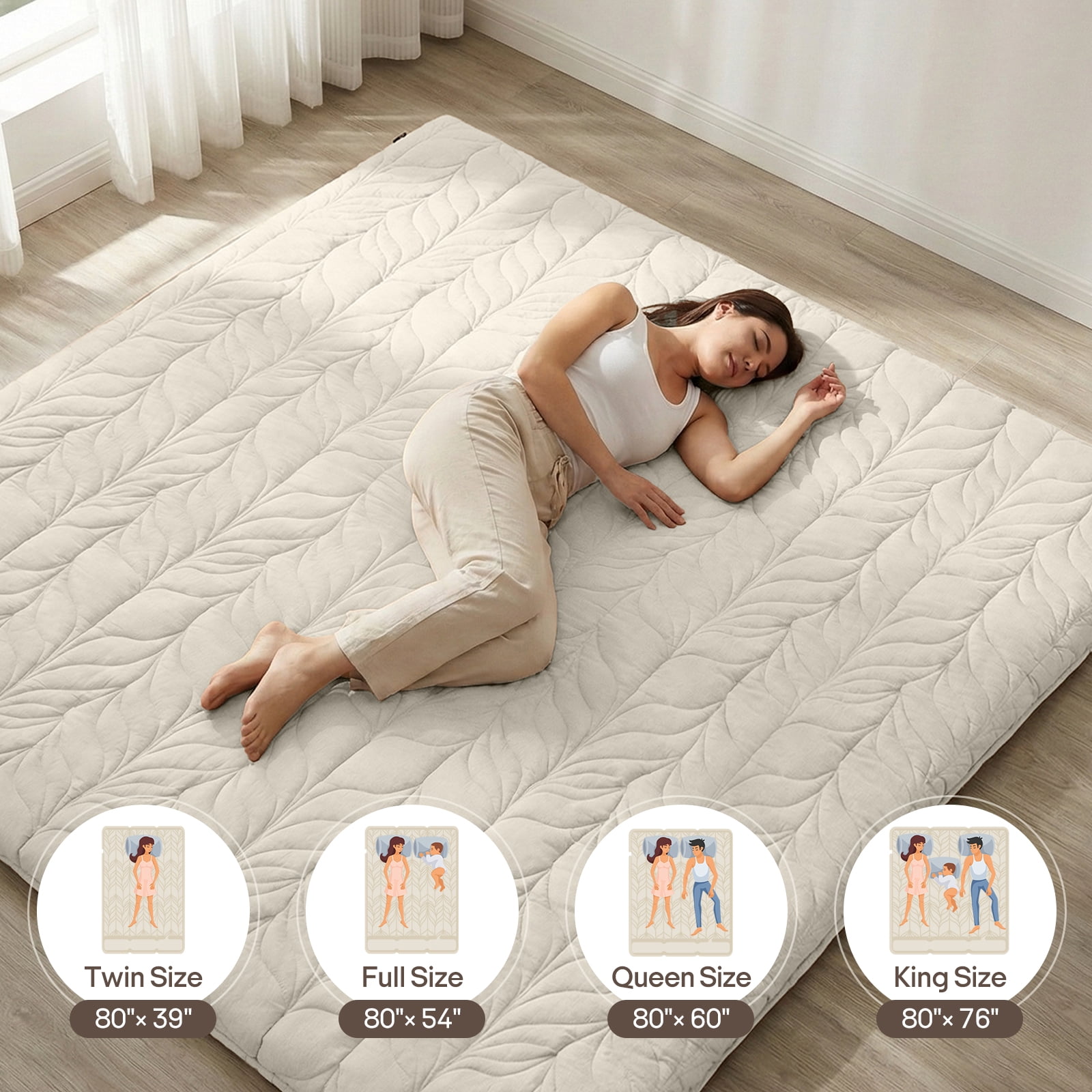 Zonli Japanese Floor Mattress Futon, Foldable Tatami Mat with Cotton Cover, Full 75"x54", Khaki