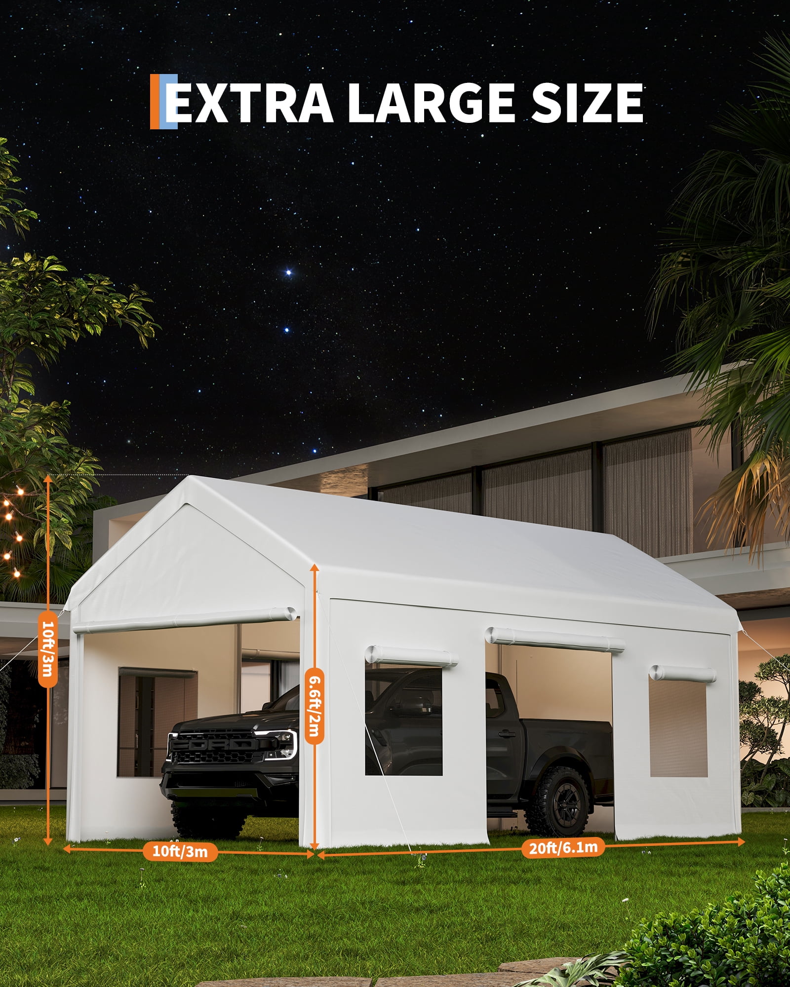 Kicctian 10x20 FT Carport, Portable Outdoor Garage, Waterproof UV-Resistant PE Canopy, with Roll-Up Doors & 4 Mesh Windows, Ideal for Car, Truck, Boat, White