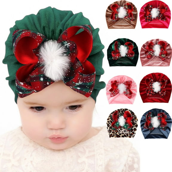 Baby Girl Velvet Big Hair Bow Knotted Head Wrap Oversized Christmas Beanie for Newborn Infant Toddlers 6PCS