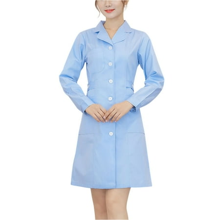HAJWOH Scrubs for Women Dress Formal Lapel Neck Long Sleeve Button Work Dresses Stretchy Comfy Scrubs Set Blue XL
