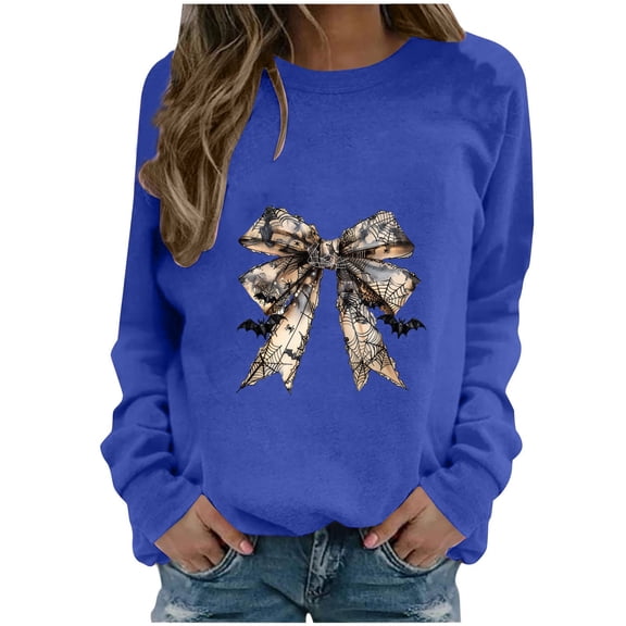 TFEOQRY Women's Hoodless Sweatshirts Fashion Casual Bow Printed Pullover Long Sleeve Round Neck Hoodless Sweatshirt Tops Blue