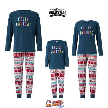 

Family Christmas Pjs Matching Sets Blue Letters Print T-shirt + Pants