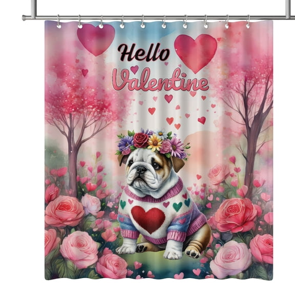 Hello Valentine’s Day Bulldog Flower Crown Romantic Pink Floral Shower Curtain Dog Lover Gifts Idea Waterproof Bathroom Bathtub Curtain - 00031