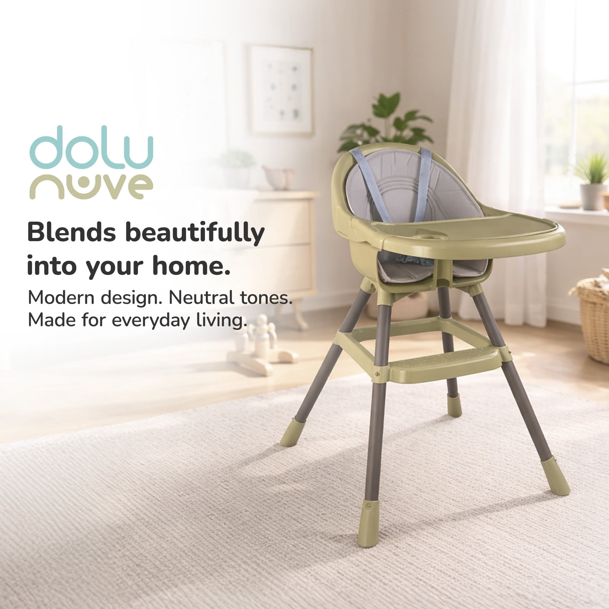 Dolu Nuve Deluxe High Chair for Babies 6+ Months w/ Harness & Removable Tray, Eco Green