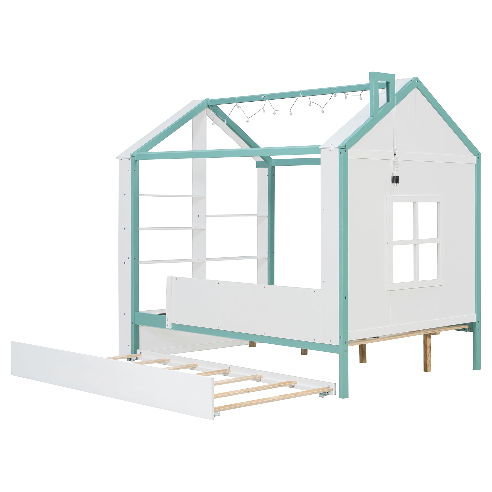 Full Size House Bed Frame with Pull-Out Trundle, Tail End Storage Shelves and Cool White LED Lights, White+Blue