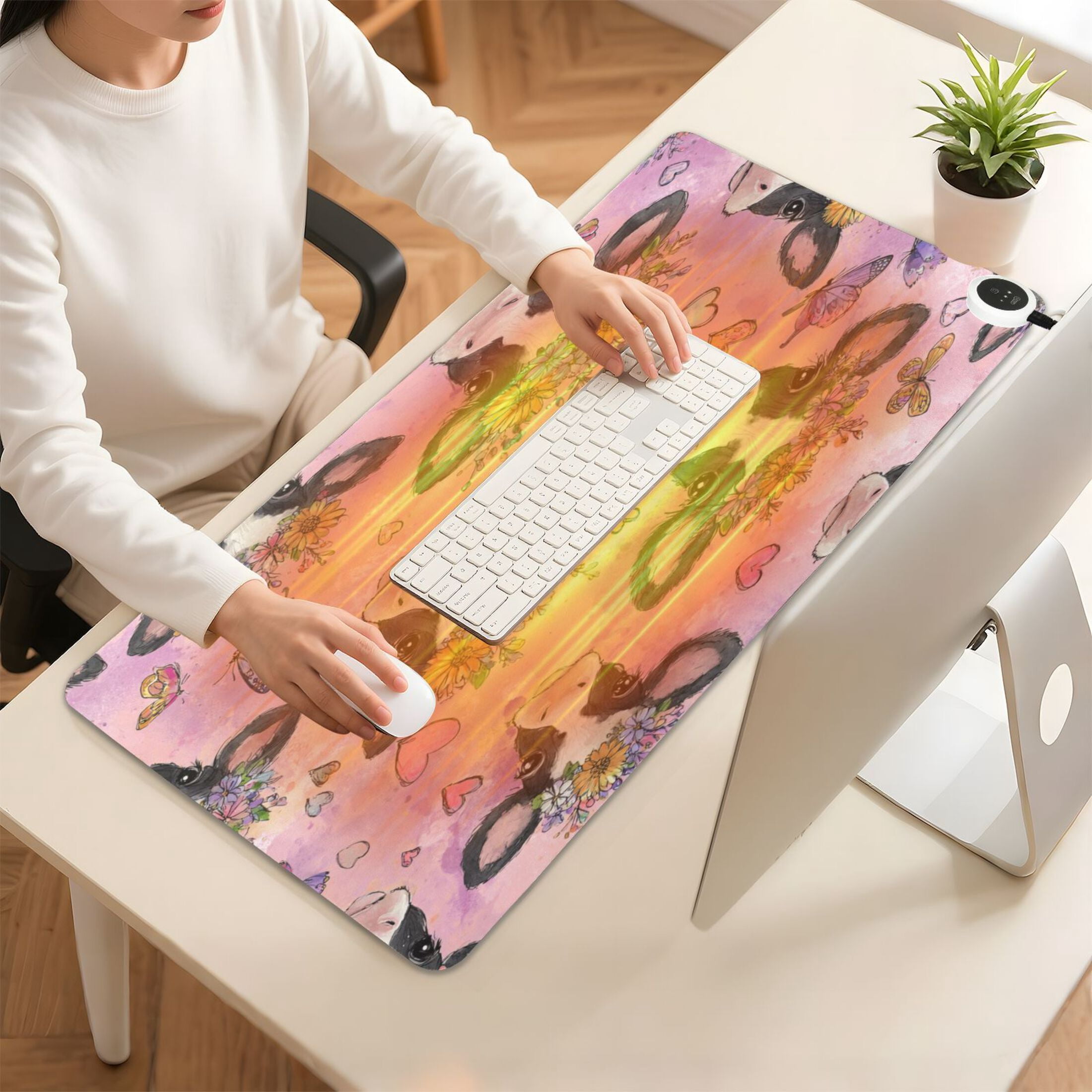 Large Heated Desk Mat Mouse Pad 31.5"x13"PU Leather Graphene Heating Desk Warmer with 3 Temperature Settings 110V US Plug Non-Slip Warm Pad for Home, Office, and Gaming Beautiful Cows with Flowers