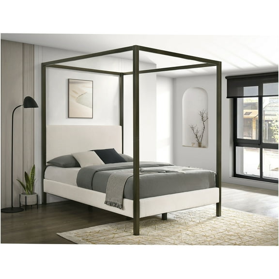 JERFIT Queen Upholstered Canopy Bed Frame with Headboard, Vanilla White Fabric and Wood, Modern Four Poster Platform Bed, No Box Spring Needed