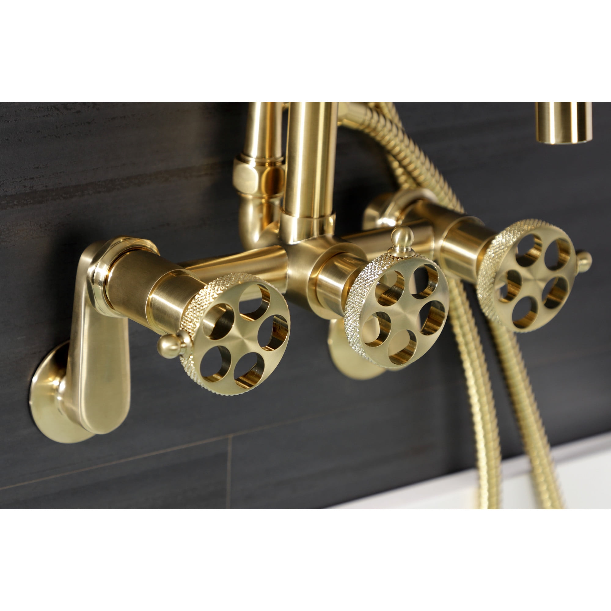 Kingston Brass AE8457RKX Webb 7-Inch Adjustable Wall Mount Clawfoot Tub Faucet with Knurled Handle and Hand Shower, Brushed Brass