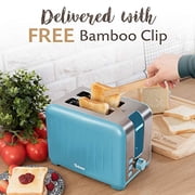 Wide Slot Toaster 2 Slice - Retro Toaster, Matte Teal and Stainless Steel - Small Toaster with Free Tongs Clips and Crumb Tray - 6 Toasting Settings, 850W Toasters - Vintage Toster