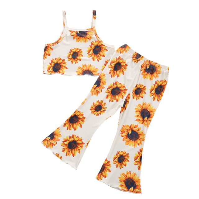 ITFABS Girls Clothes Set, Floral/Leopard Print Cropped Tops+Flared Trousers