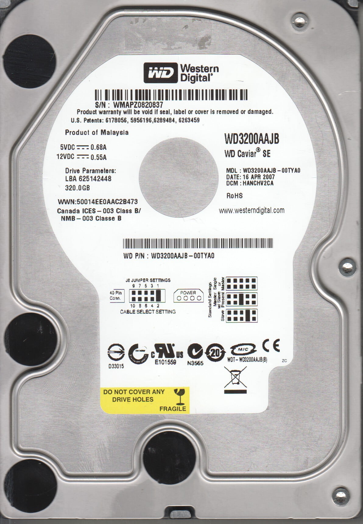 WD3200AAJB-00TYA0, DCM HANCHV2CA, Western Digital 320GB IDE 3.5 Hard ...