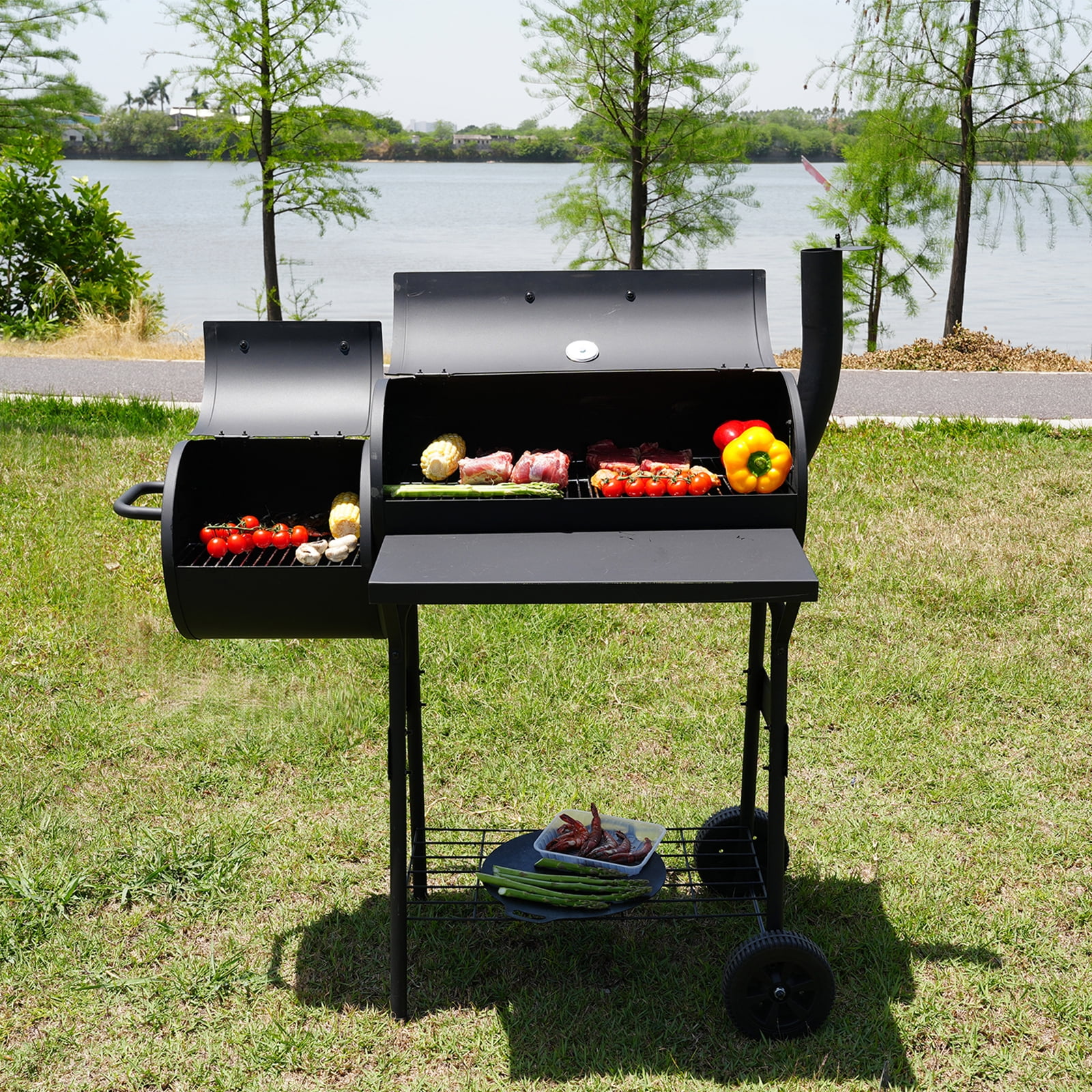 Charcoal Smoker Grills, KingChii Offset Smoker Family-Size 4-6  with Temperature Control Person BBQ for Outdoor, Garden, Patio and Backyard