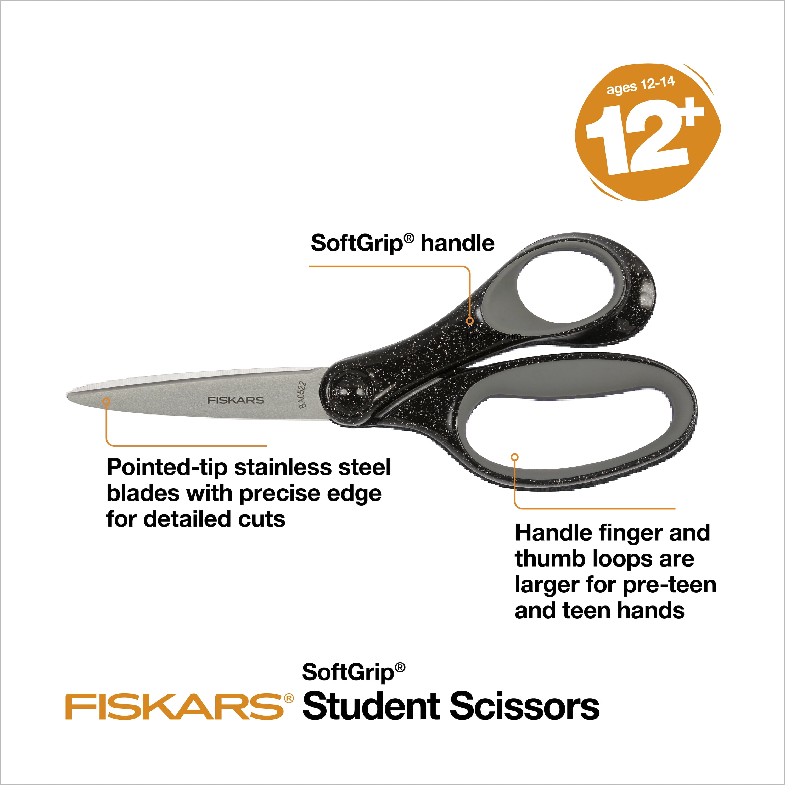 Fiskars 7-inch Student Scissor Ages 12-14, Black Glitter, 1 Count, Middle School and Craft Scissors