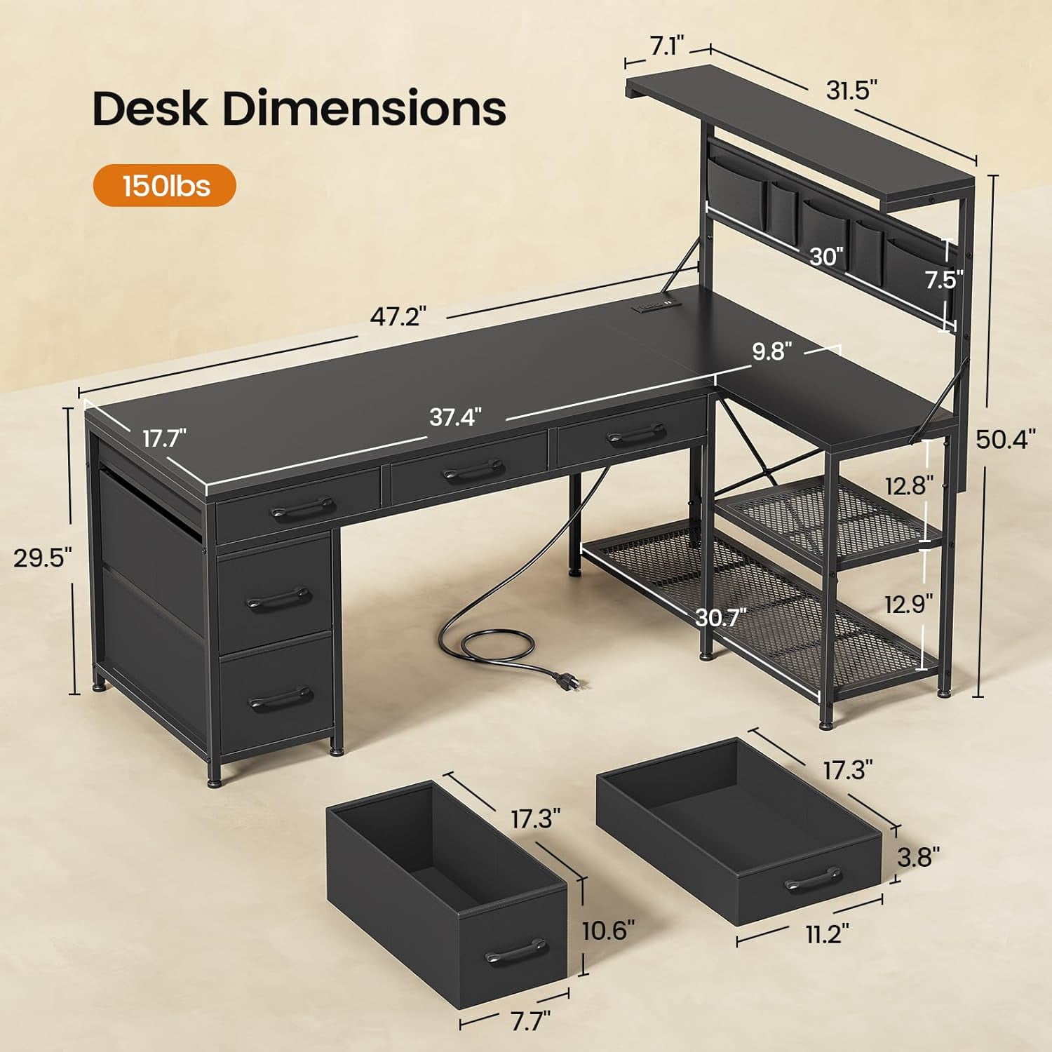 47" L Shaped Desk with 5 Drawers & Hutch, Reversible Gaming Desk with LED Lights & Outlets, Computer Desk with Open Shelves & Storage Bag for CPU, Books etc for Home Office, Space Saving, Black