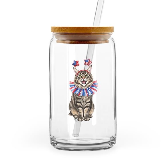 4th of July Maine Coon Celebrates Independence Day 16oz Glass Cup Mug Cat Lover Kitten Owner Gifts Glass Can with Bamboo Lid and Straw - 12010