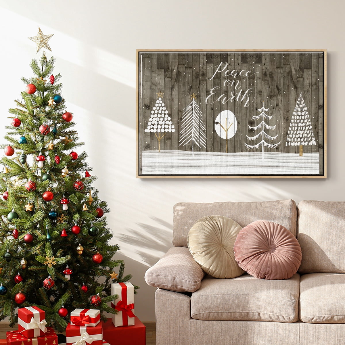 Wooded White Christmas Collection A - Framed Gallery Wrapped Holiday Canvas - 17 x 25 - Natural Wood Frame